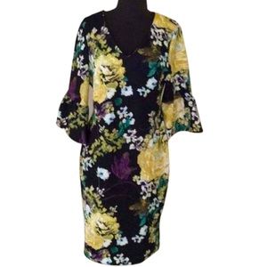 Thalia Sodi Black/Yellow/ Purple Floral Midi with Bell Sleeves Dress.